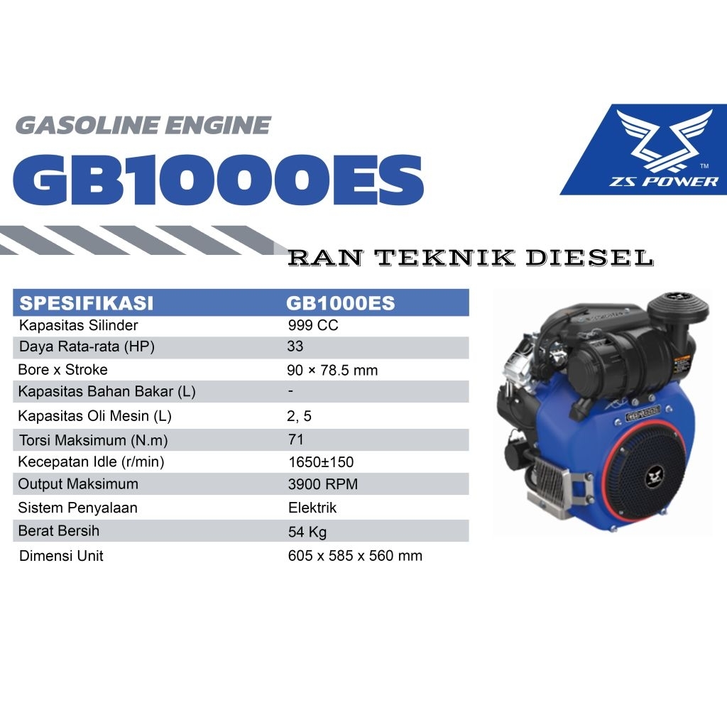 Mesin Penggerak Bensin ZS POWER GB 1000ES Elektrik Stater 33 HP
