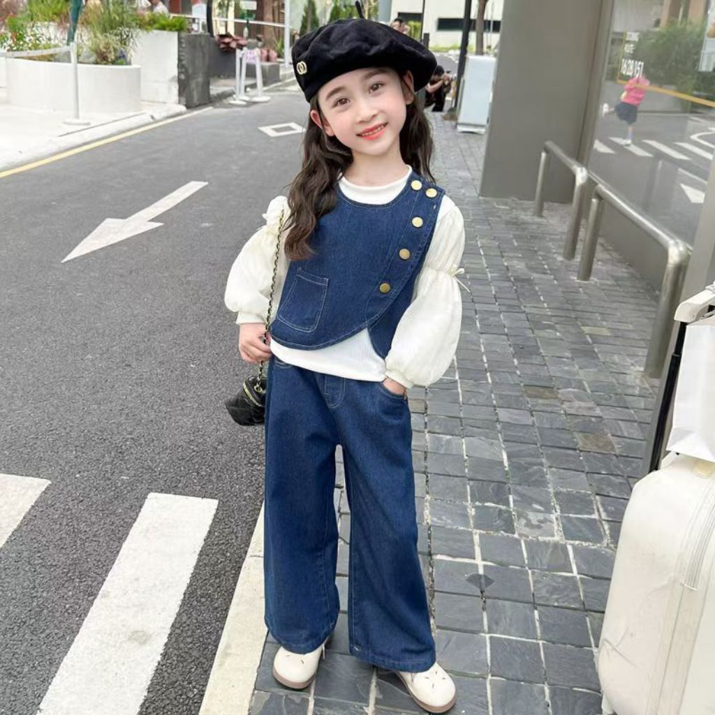 SSP3-Setelan one set 3in1fashion anak perempuan Blouse Rompi celana jeans kulot