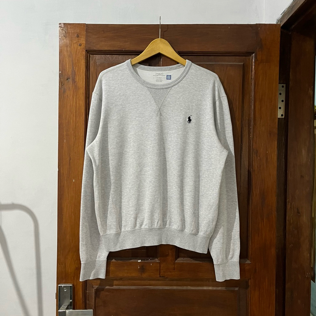 [M] Polo Ralph Lauren Cotton Sweaters Long Sleeve I Grey Logo Navy I Vintage Vtg Retro Kemeja Garis-
