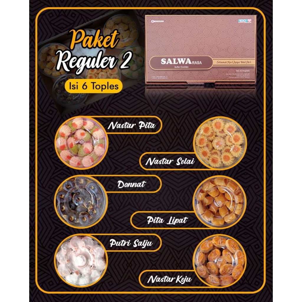 kue kering paket reguler 2 isi 6 toples varian : nastar pita, nastar selai, donat, pita lipat, putri