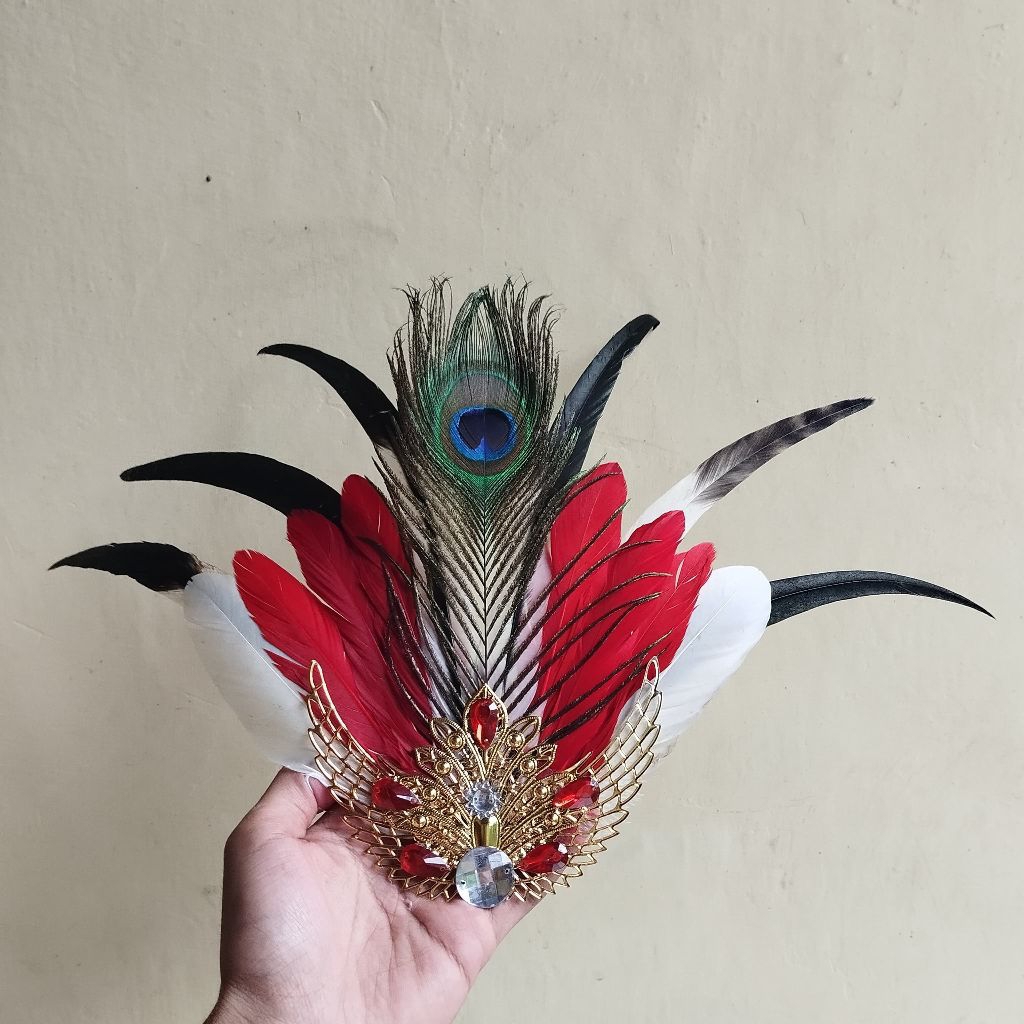 Emblem Bulu Hias Topi Komplit Merak Merah Series | Emblem Topi Pet | Atribut Topi LKBB | Pskibra | P