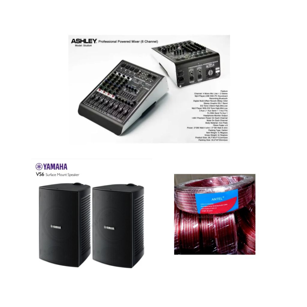 paket sound musik speaker pasif Yamaha 6" VS-6, Power mixer Ashley studio4 bluetooth, garansi sermi.