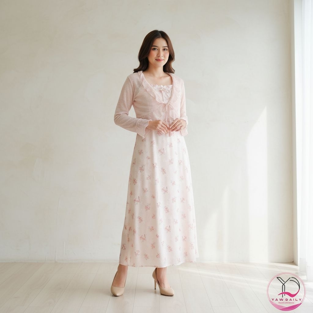 Setelan Long Dress Floral Vintage Renda Lembut Style   Korea - Dress Korea Motif Floral