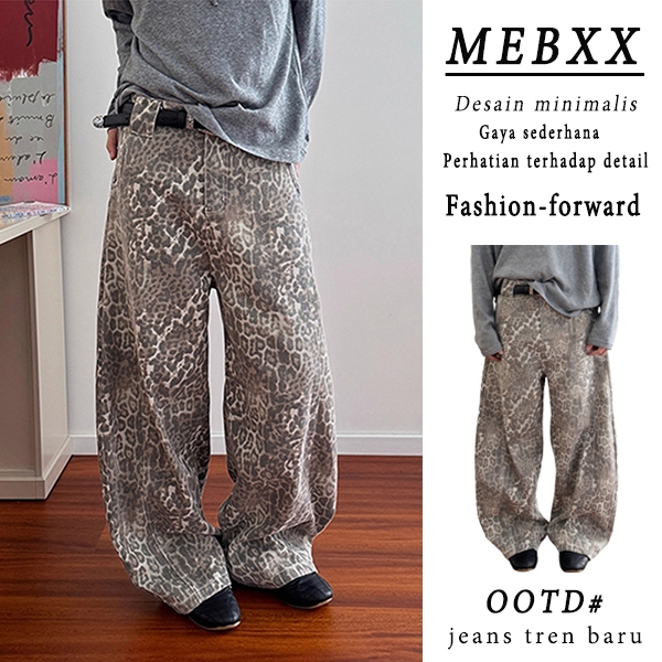 COD-Celana Jeans Lurus Longgar Motif Macan Tutul Bahan Denim Premium Celana Lebar Modis dan Serbagun