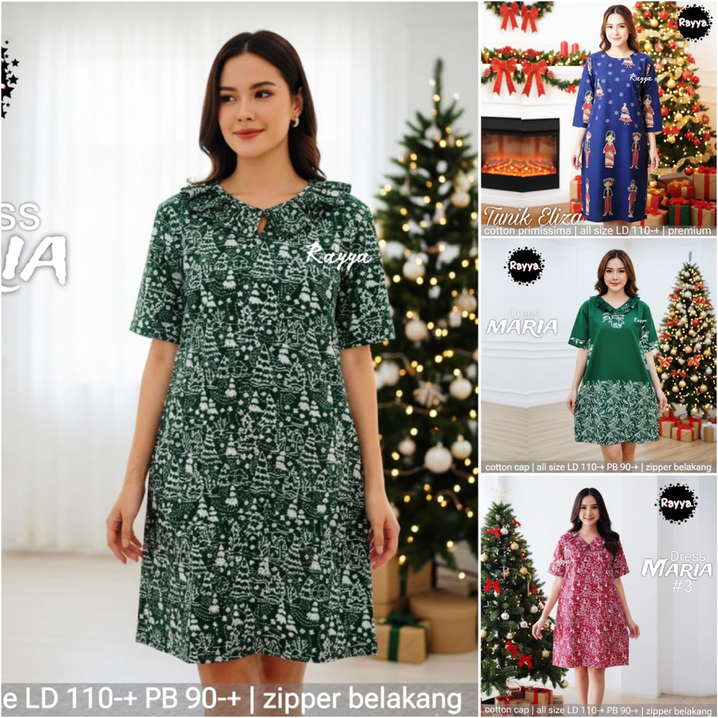 TUNIK ELIZA MARIA DRESS batik natal merah hijau biru mini dress
