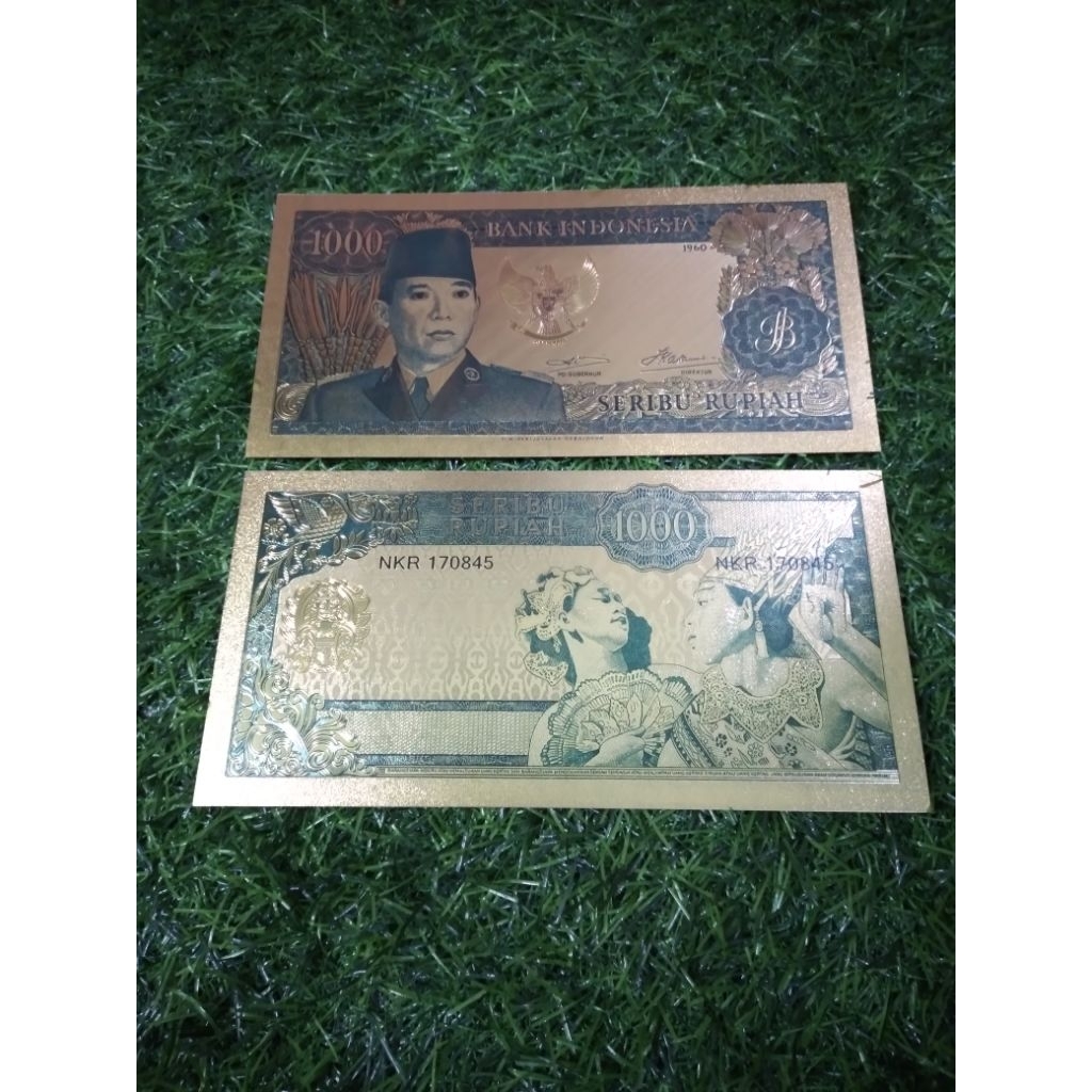 uang souvenir gold foil 1000 soekarno 1960 elegant