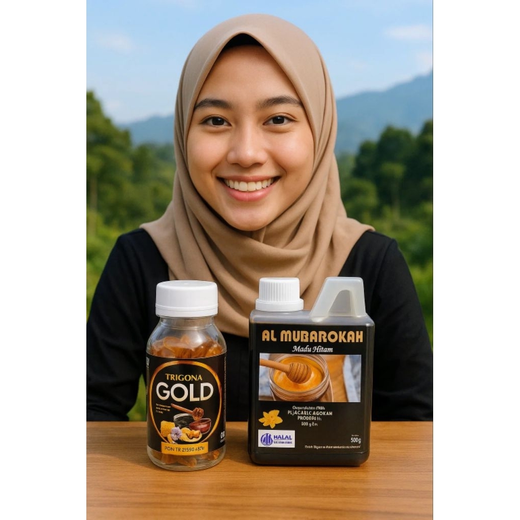 Paket Sehat Premium – Al Mubarokah Madu Hitam Pahit 500 Gram + Trigona Gold 100 Kapsul