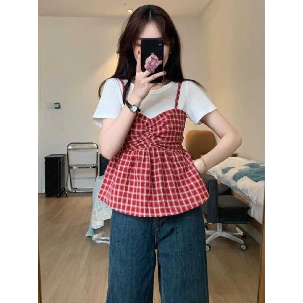Mochiimiu atasan blouse katun red merah coquette y2k cute korean style china bkk