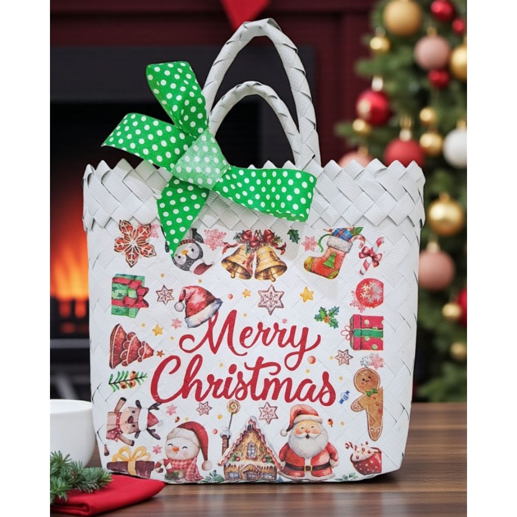 TAS HAMPER NATAL , TAS ANYAMAN PLASTIK DECOUPAGE MOTIF NATAL