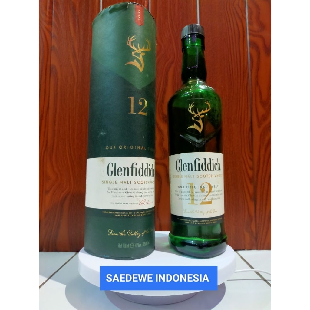 BOTOL KOSONG GLENFIDDICH 12 BEKAS MINUMAN IMPORT ORI + BOX KAPASITAS 700ML BAHAN KACA TEBAL ANTIK CO