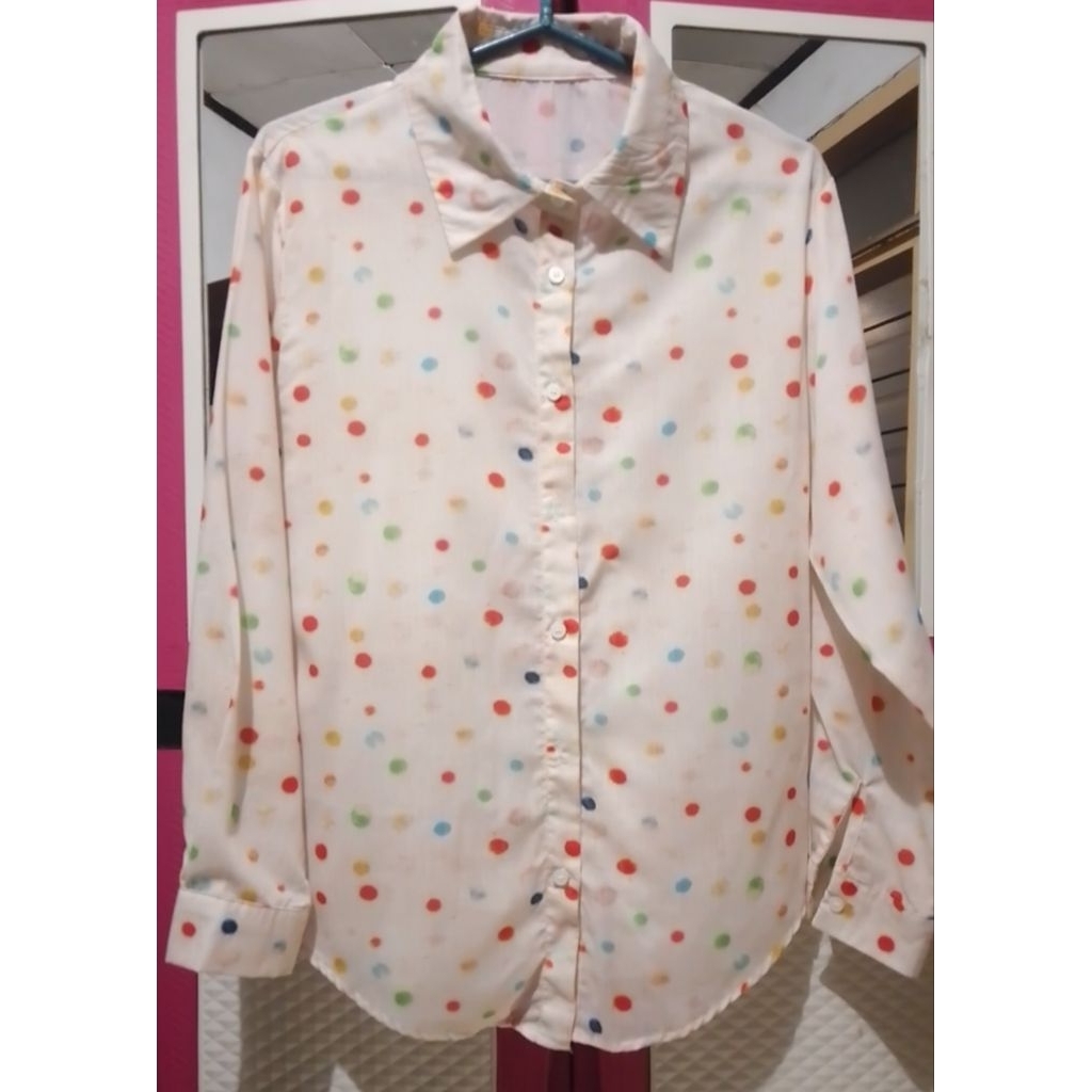 Atasan Kemeja Blouse  Wanita Motif Polkadot Lengan Panjang Pernah Dipakai (PL)