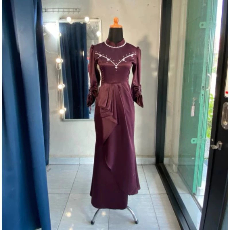 [TERLARIS] Kharisma Dress Satin Silk Tile Mewah Burgundy | Gamis Gaun Duyung Slim Fit Kondangan Brid