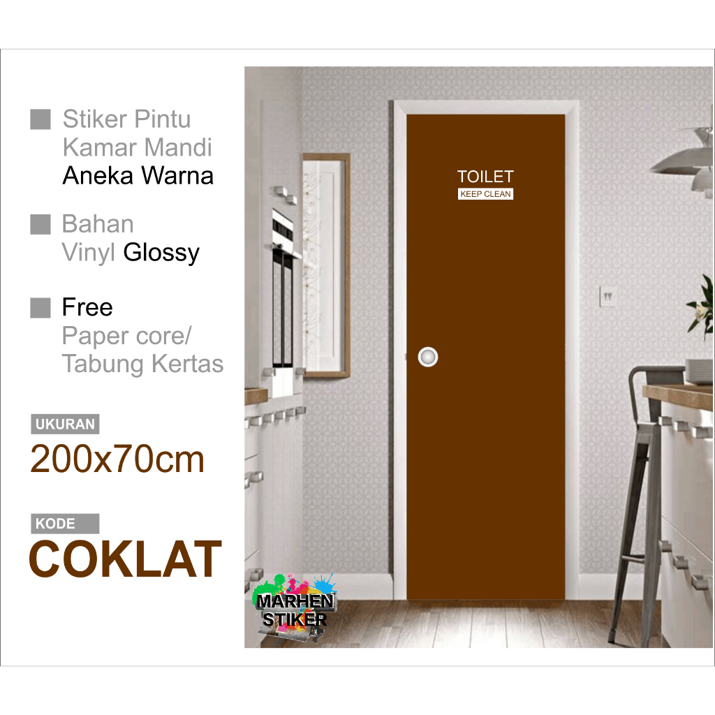 Stiker pintu kamar mandi motif polos coklat bahan vinil anti air