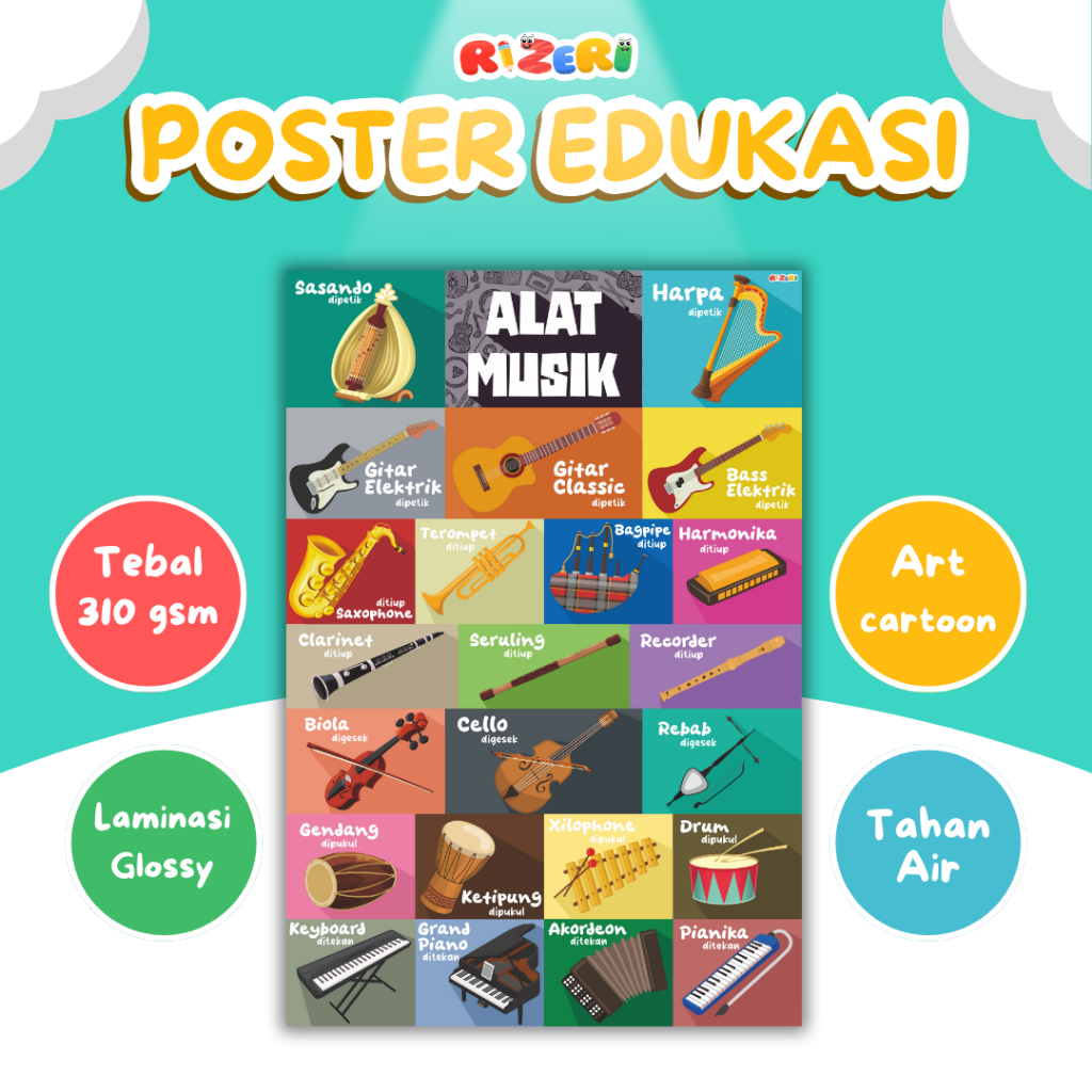 Poster Edukasi Alat Musik Pendidikan Anak Wipe and Clean PAUD TK SD