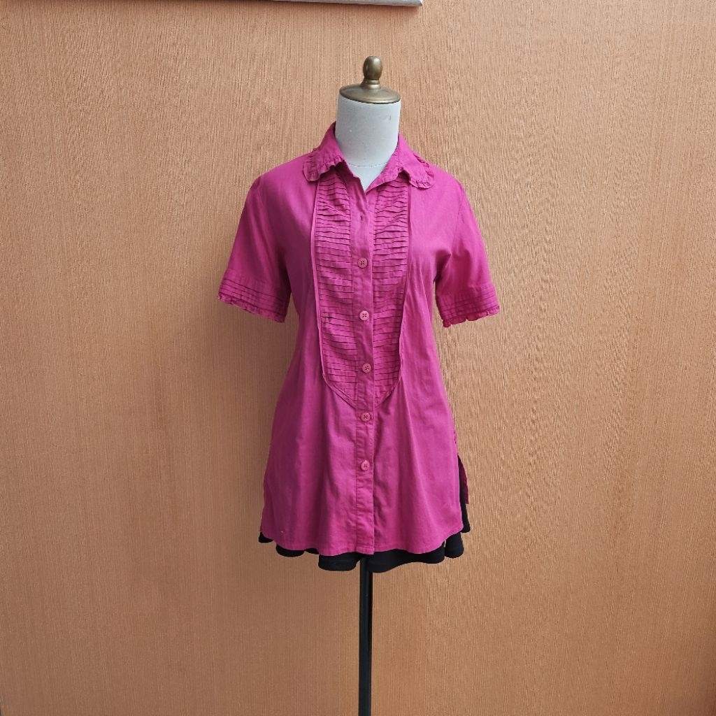 atasan kemeja wanita pink terang ST.YVES cewek M lengan pendek L kerja kuliah