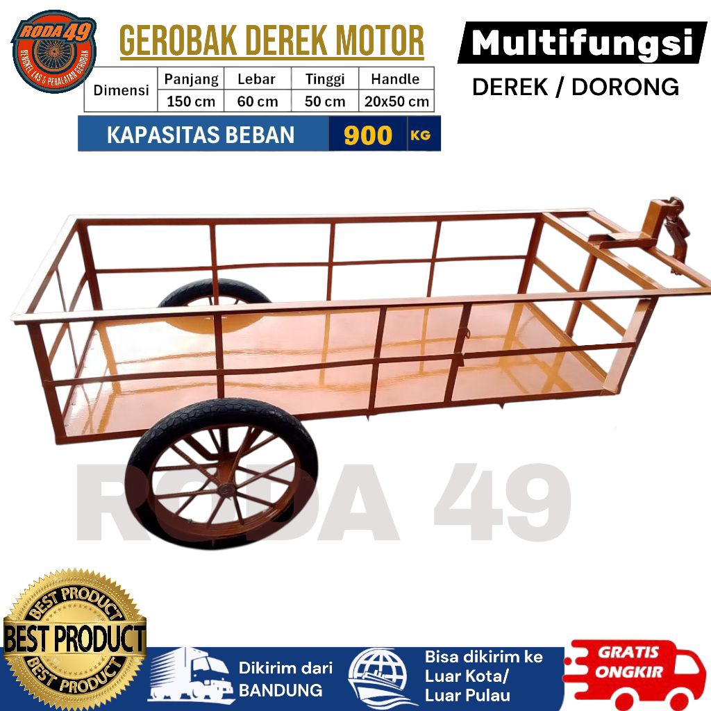 Gerobak derek motor multifungsi ukuran 150 x 60 x 50 cm