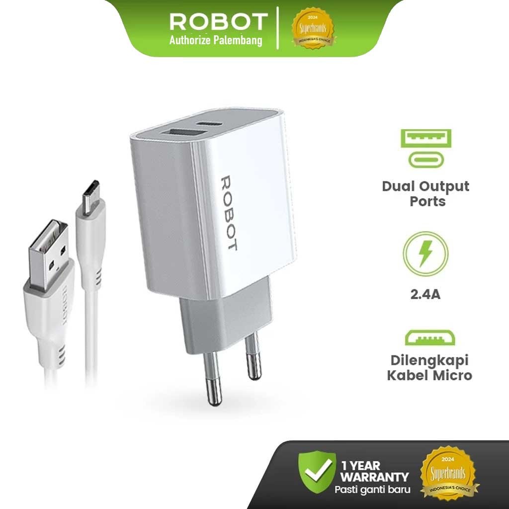 ROBOT Charger Fast Charging Dual Port 12W with Type C Cable 2.4A Adaptor Kepala Charger Adaptor Kepa