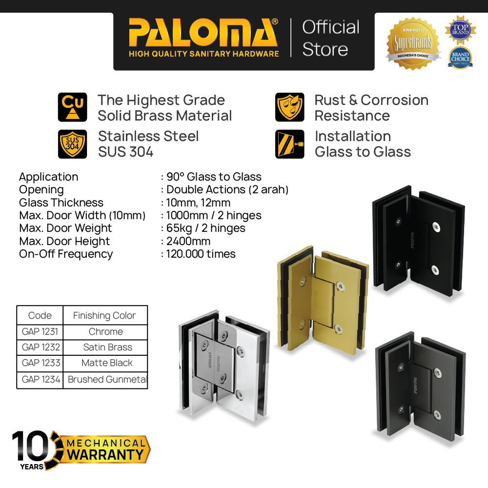 PALOMA Engsel Shower Hinge Pintu Kaca Kamar Mandi Jepit Penjepit Partisi Box Kaca ke Kaca Glass to G