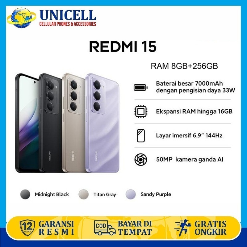 Xiaomi Redmi 15 RAM 8/256GB Kamera 50MP Chipset Snapdragon 685 Baterai 7000mAh