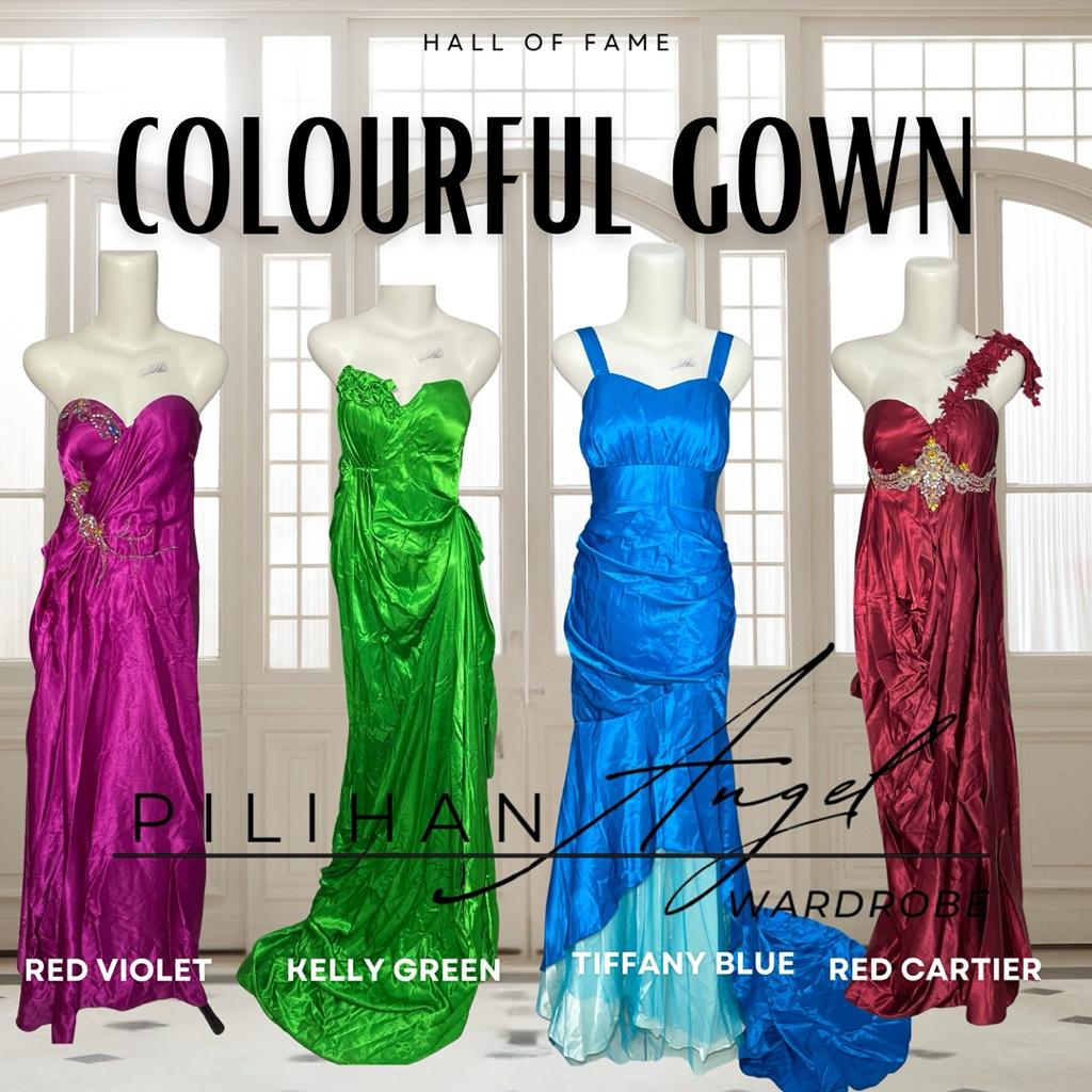 GAUN Satin DRESS PESTA KONDANGAN PARTY - KEMBEN MURAH - VIOLET HIJAU BIRU MERAH ONE SHOULDER BUNGA -