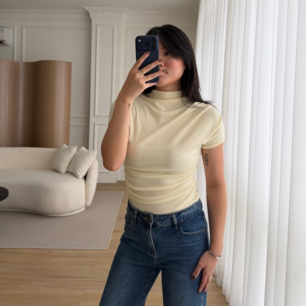 MACH TOP | LALE | Atasan Kaos Rajut Wanita Rib Knit Basic Lengan Pendek Korean Top Wanita Turtle Nec