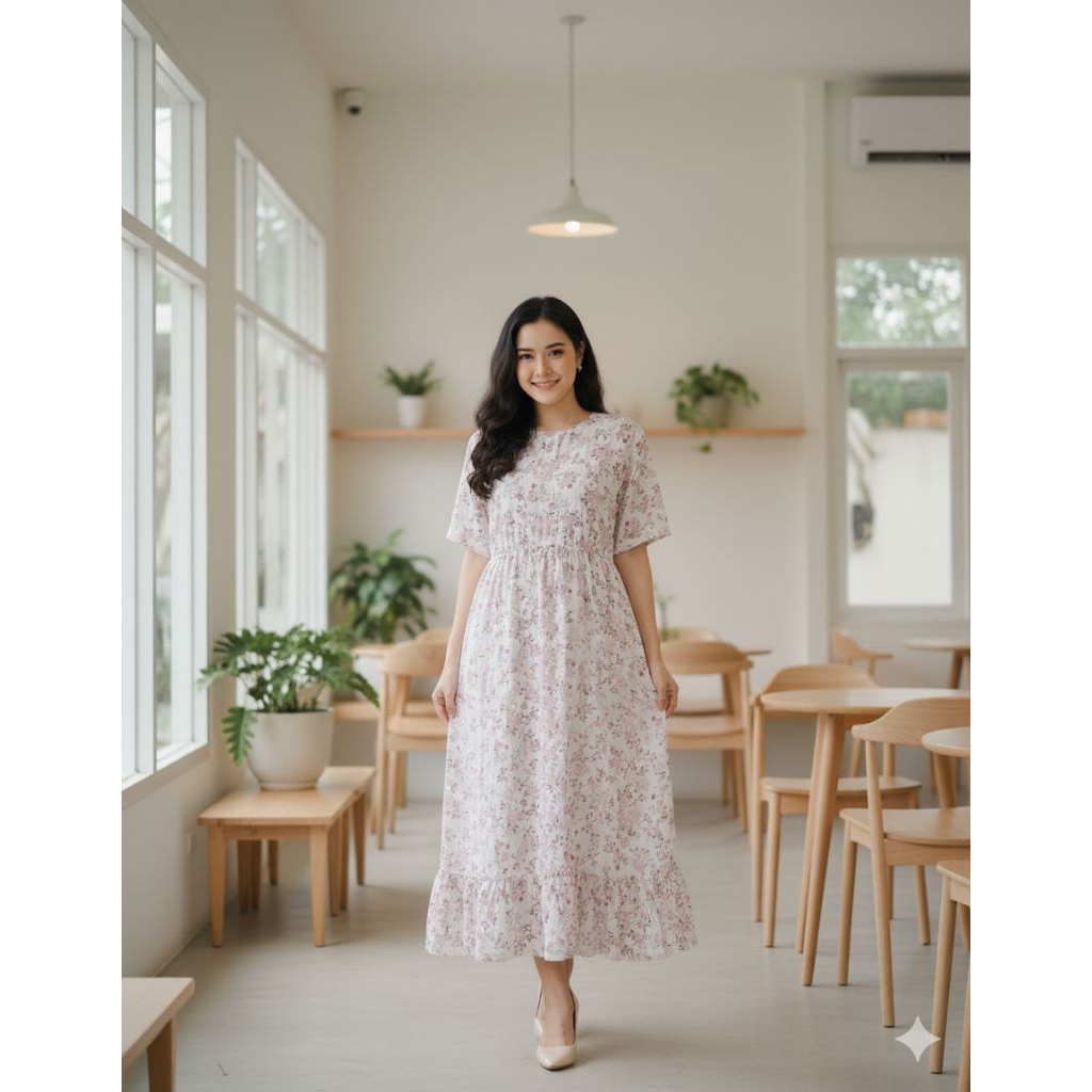 Dress Crinkle lengan pendek//Dress Crinkle Motif bunga pink/homey dress crinkle