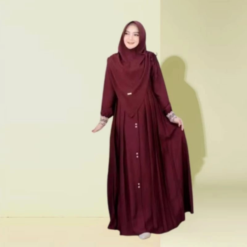 Gamis Set Hijab Warna Maroon Bahan Crinkle Premium M L XL XXL