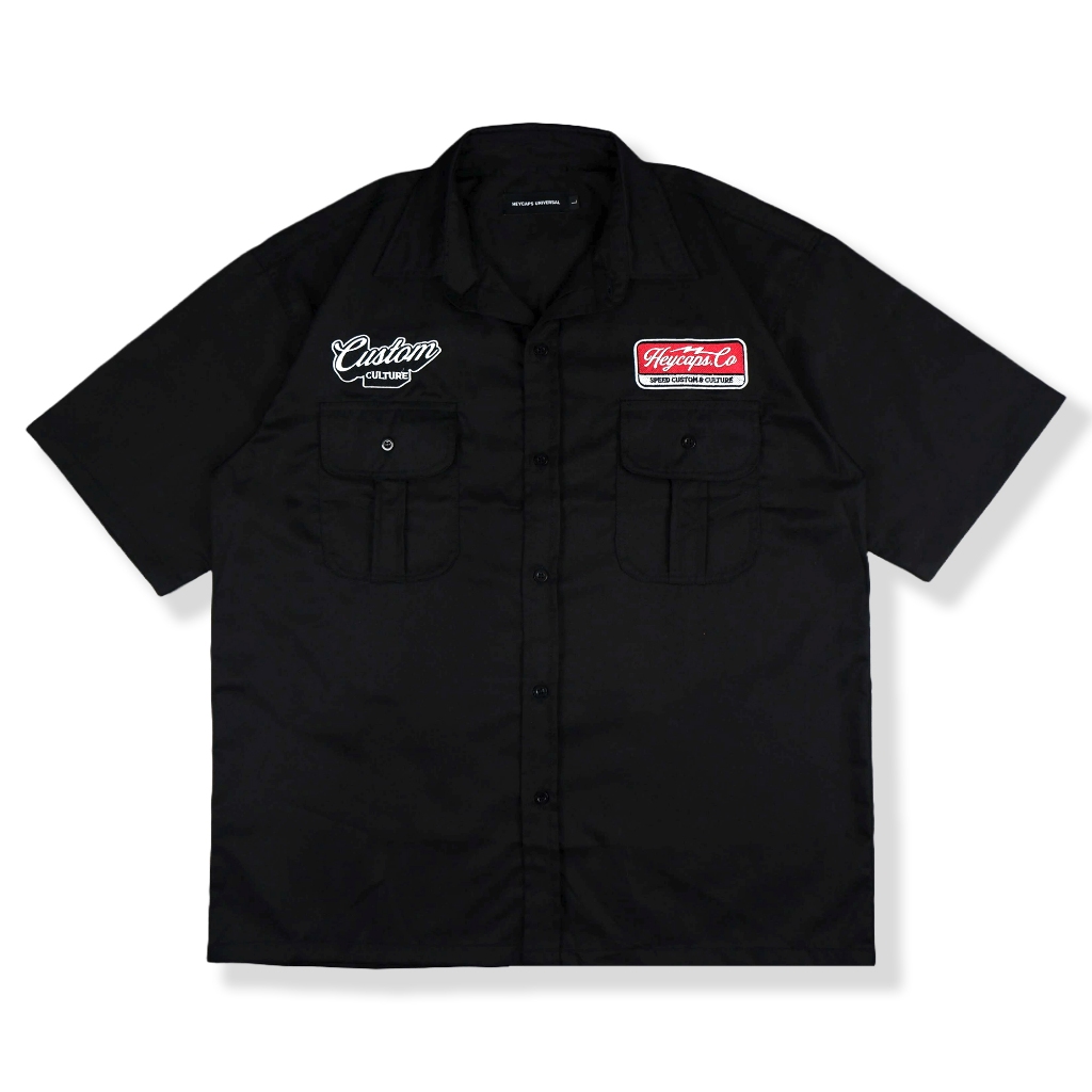 HEYCAPS WORKSHIRT - KEMEJA PRIA LENGAN PENDEK HITAM BORDIR - KEMEJA WORKSHIRT DRILL