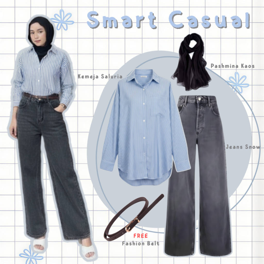 One Set Wanita Hijab Pashmina Kaos + Kemeja + Jeans | Outfit Kuliah Remaja Kekinian Casual Style