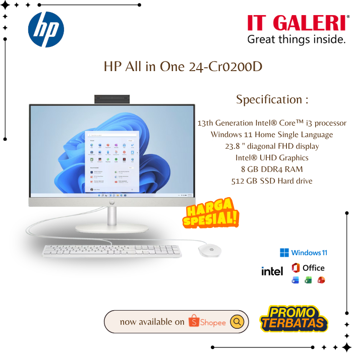 HP All in One 24-Cr0200D Intel Core I3-1215U/Ram 8GB/Ssd 512GB/Layar 23.8"inchi/Windows 11+OHS2021/W