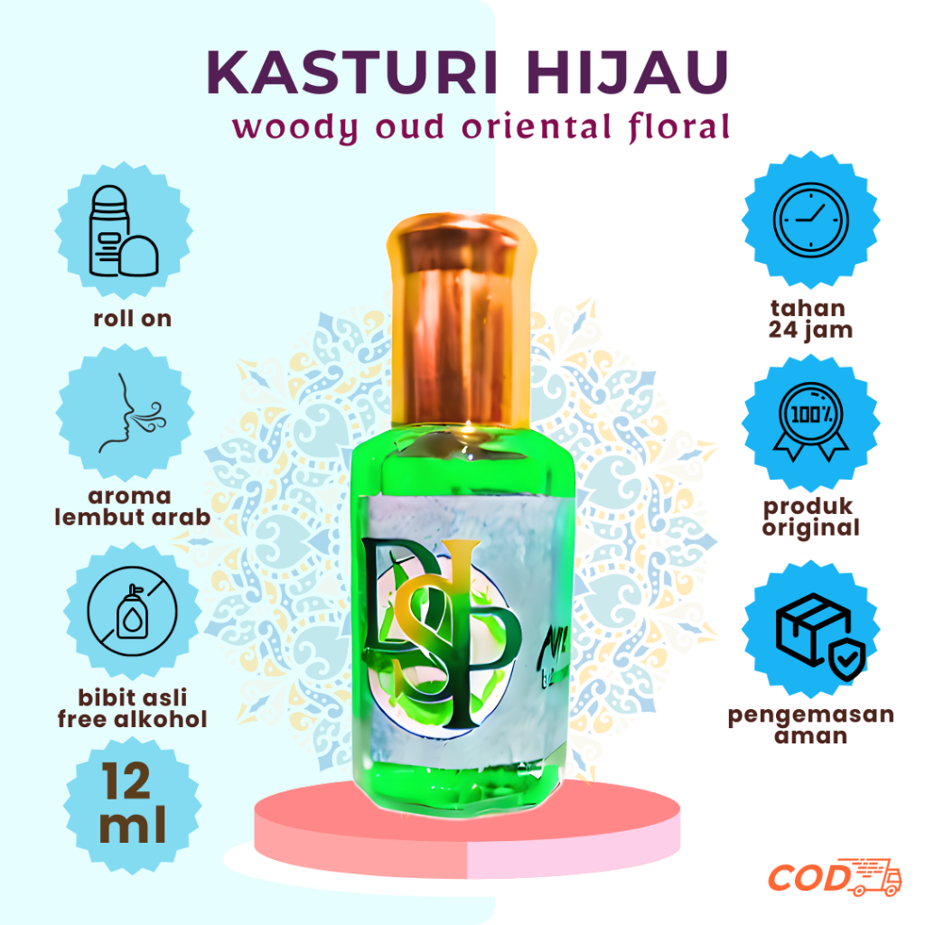 Minyak Kasturi Hijau Roll On 12ml - Parfum Arab Non-Alkohol Wangi Tahan Lama - Kasturi Asli