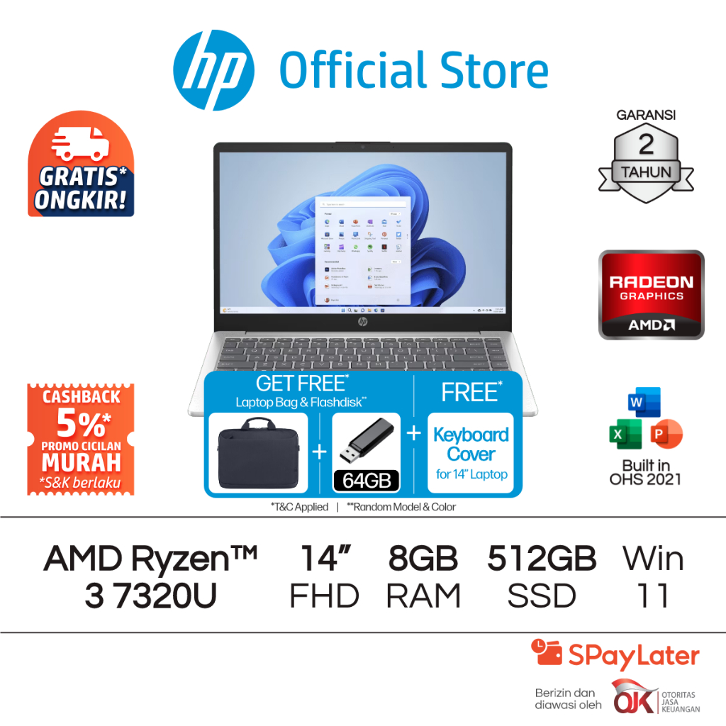 Laptop HP AMD Ryzen 3 Radeon 8GB RAM 256GB / 512GB SSD Gold / Silver Windows 11 Home 14 Inch Garansi