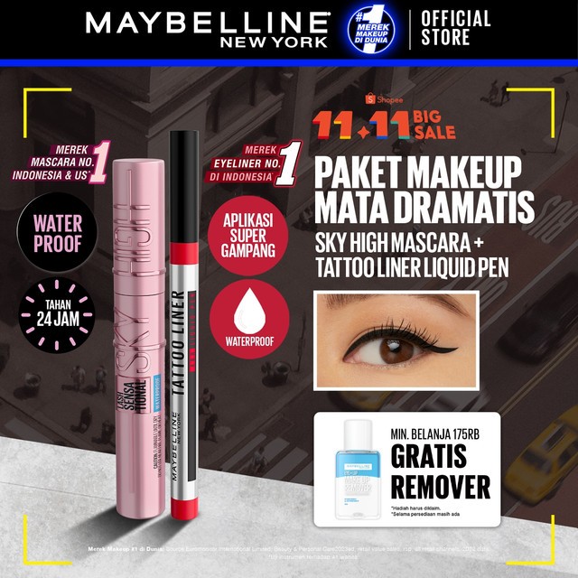 Maybelline Paket Makeup EYE Sky High Mascara + Tattoo 48h Eyeliner - Waterproof Maskara Eye Makeup B
