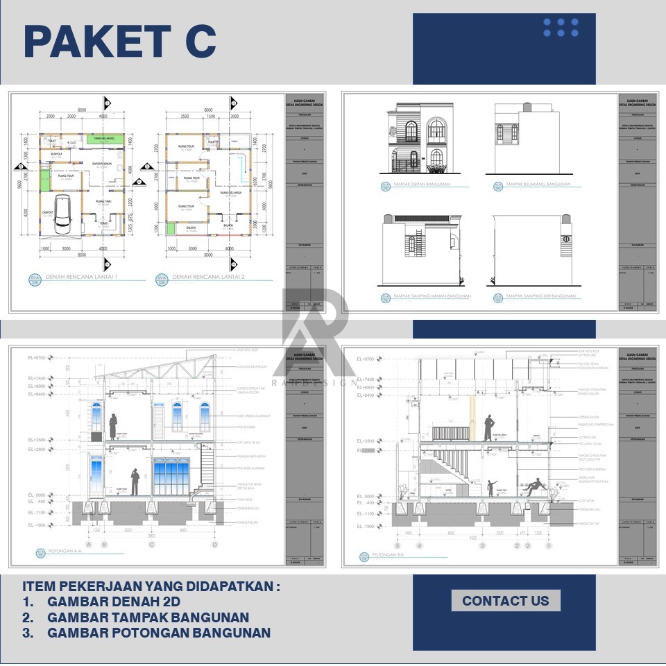 PAKET C Jasa Desain Rumah | Denah 2D, Tampak dan Potongan Bangunan