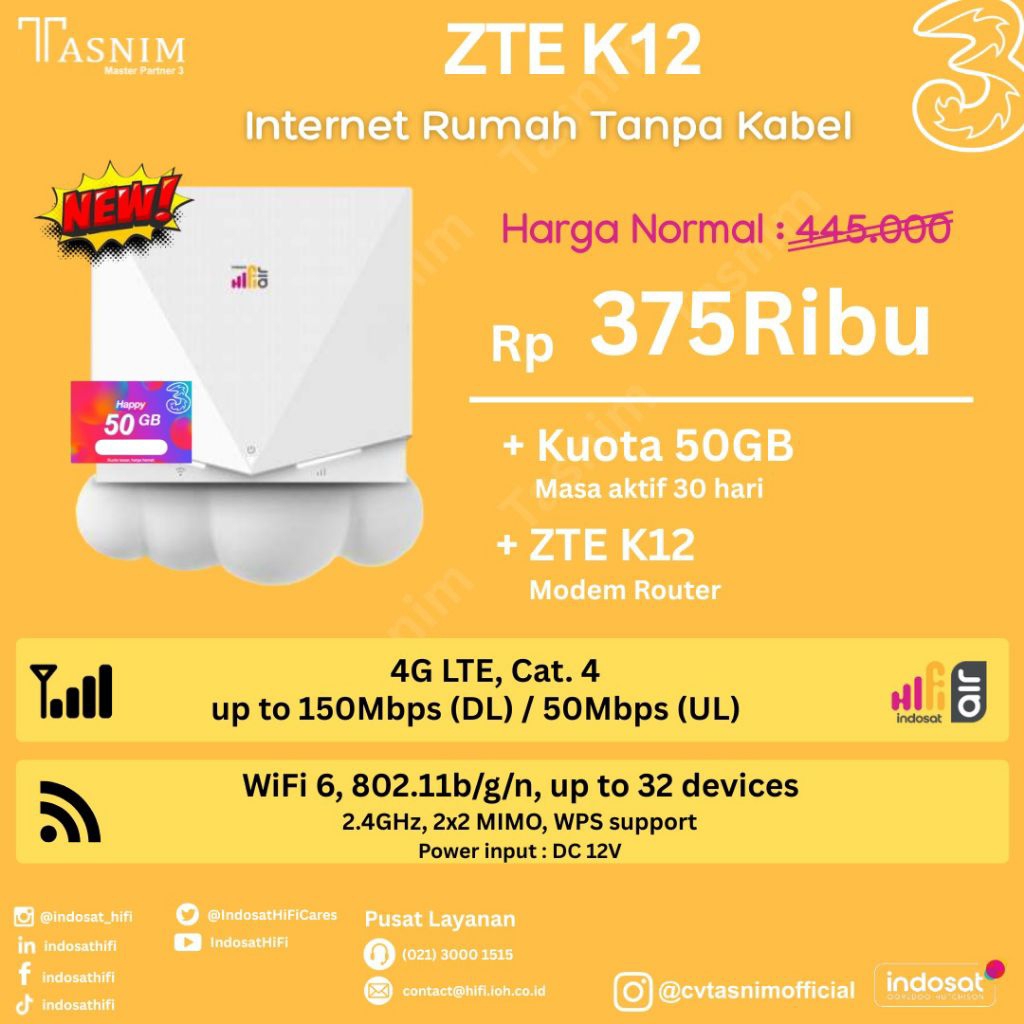 Hi-fi Air ZTE Indosat Ooredoo Hutchison Modem Wifi tanpa kabel langsung pakai isi ulang paket sesuai