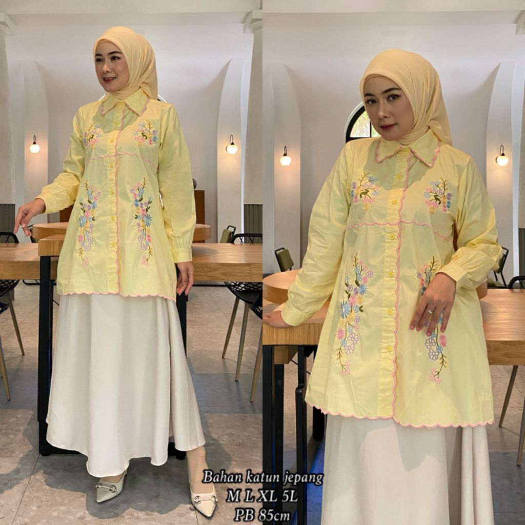 TUNIK KATUN JEPANG BORDIR BUNGA | KEMEJA TUNIK BORDIR | ATASAN WANITA MUSLIMAH | ATASAN TUNIK TERBAR