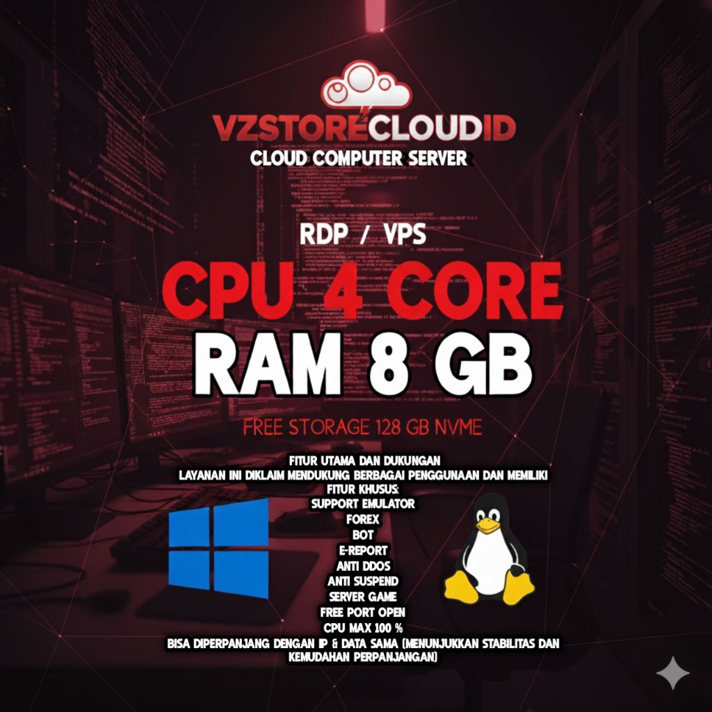 RDP/VPS PREMIUM 1 BULAN | RAM 8 GB | CPU 4 CORE (anti ddos/anti suspend)