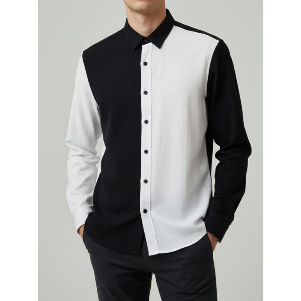 KEMEJA PRIA LENGAN PANJANG BAHAN LINEN COTTON KOMBINASI HITAM PUTIH
