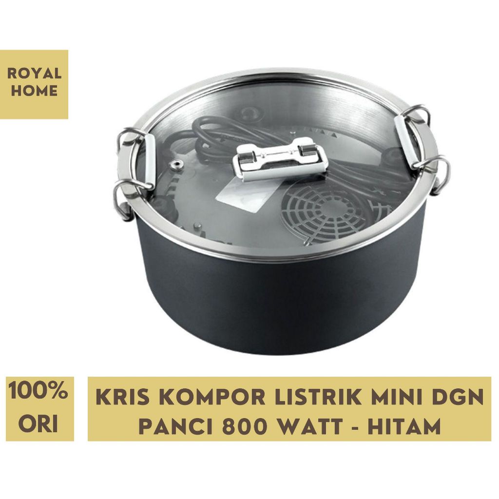 Kris Kompor Listrik Kecil Dengan Panci 800 Watt Hitam Mini Electric Cooker 2.5L Panci Masak Serbagun