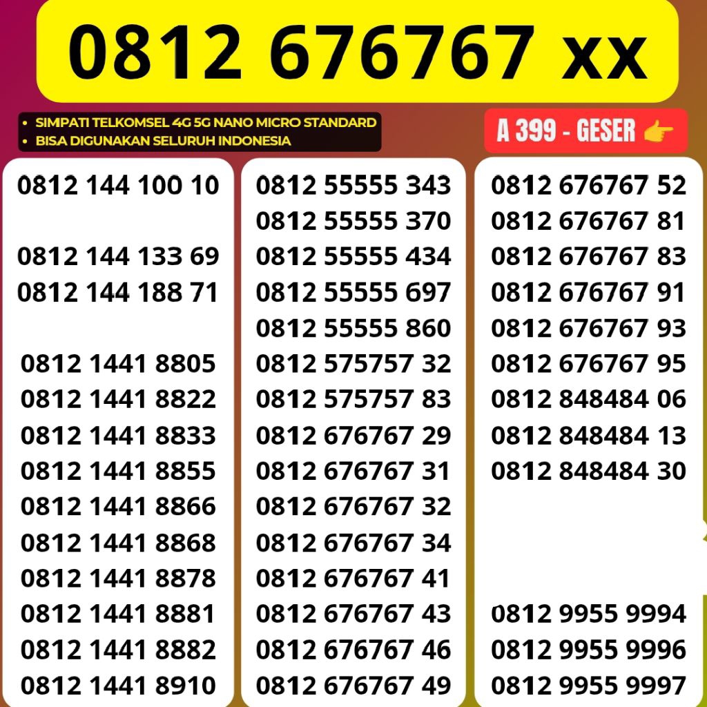 Nomor Cantik Telkomsel Panca Super 676767 Kartu Perdana Telkomsel Tsel Red Telkomsel 5g Telkomsel 10
