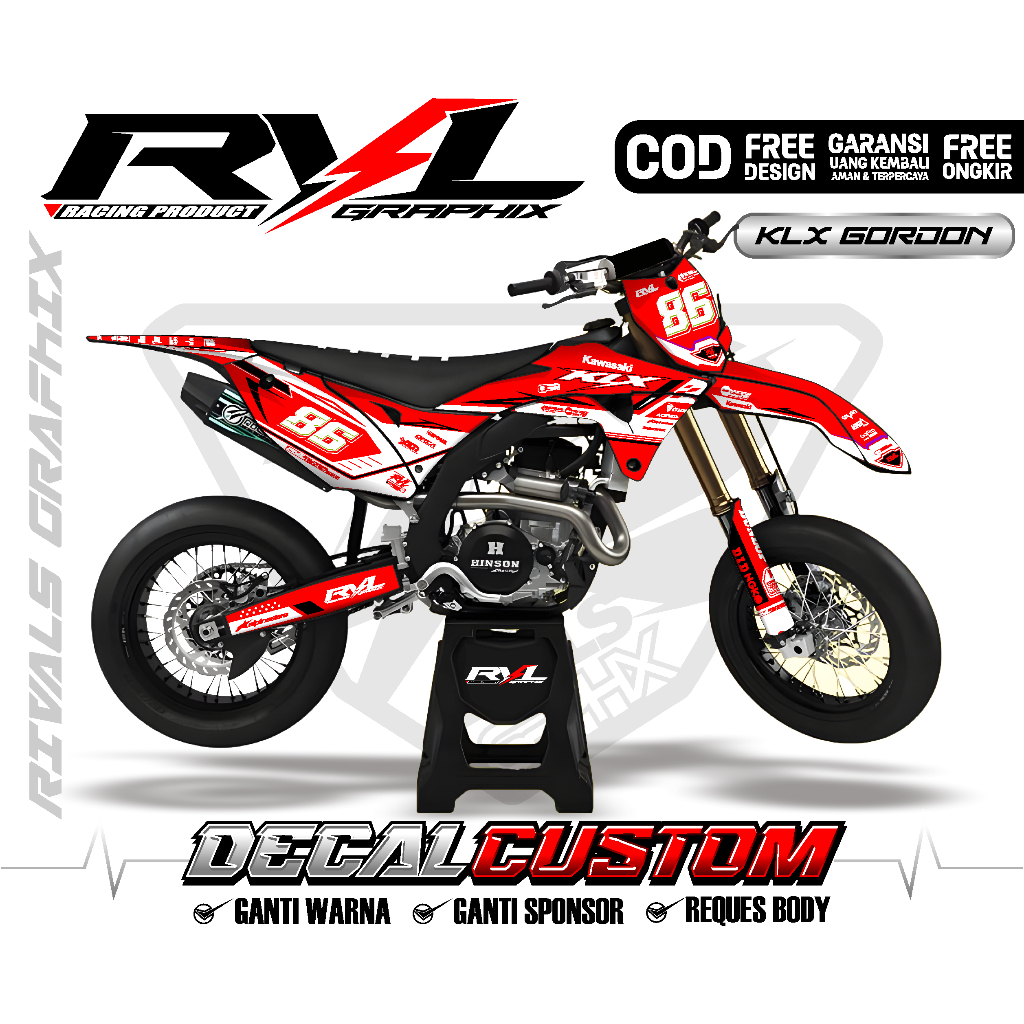Decal Motor klx gordon full body custom full body merah kombinasi hitam