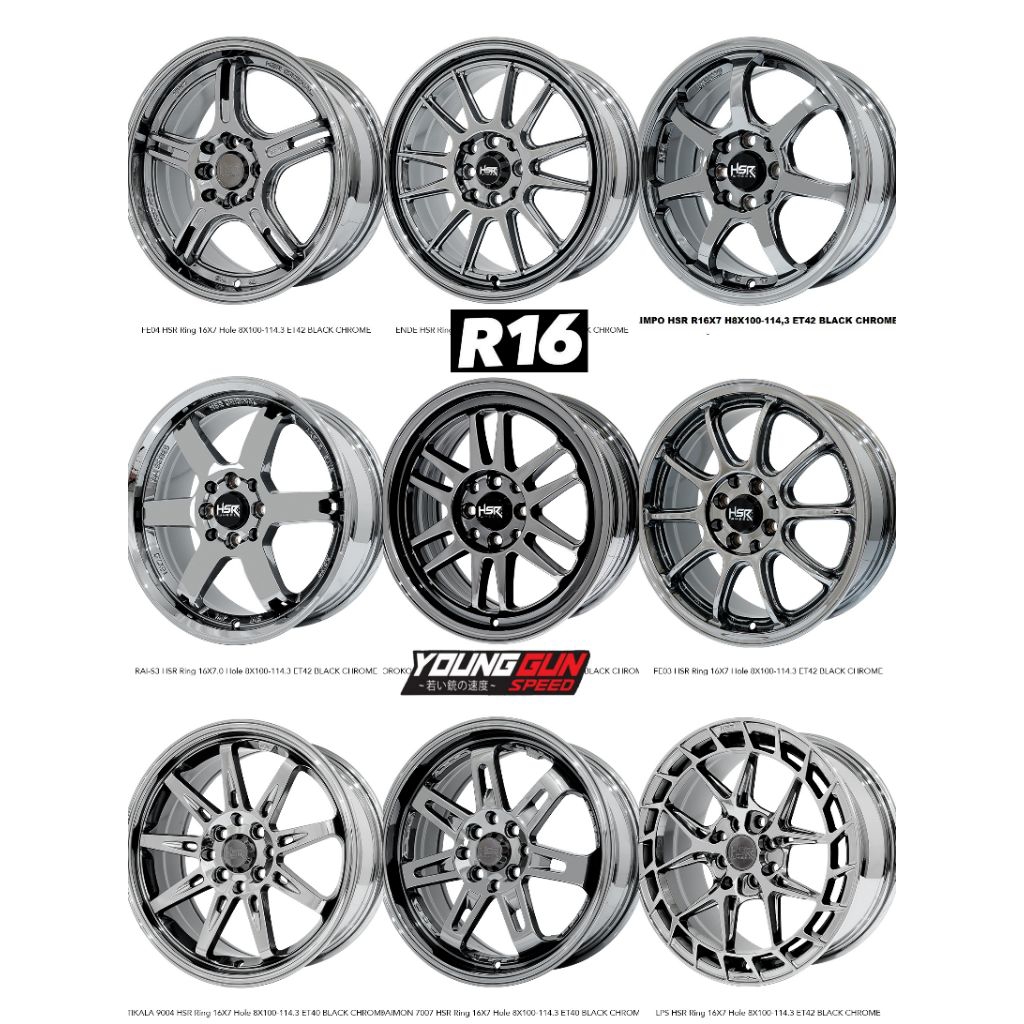[BLACK CHROME] Velg mobil racing r16 Hsr Ring 16