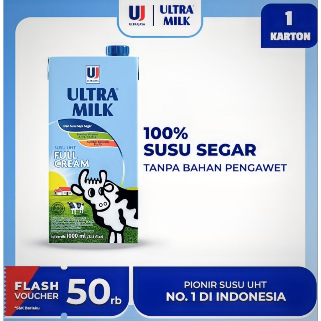 [1 karton isi 12×1000ml] Ultra Milk Full Cream Susu Segar Sapi