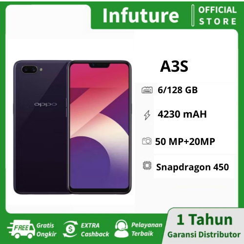 HP SMARTPHONE ANDROID OPPO A3S RAM 6+128 GB 4G LTE KAMERA 13MP LAYAR 6.2 INCI 4230 mAH FULLSET