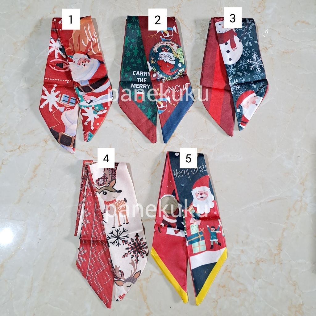 Scarf Natal | Syal sutra imitasi silk satin | Kain slayer natal | Christmas santa rusa salju motif |