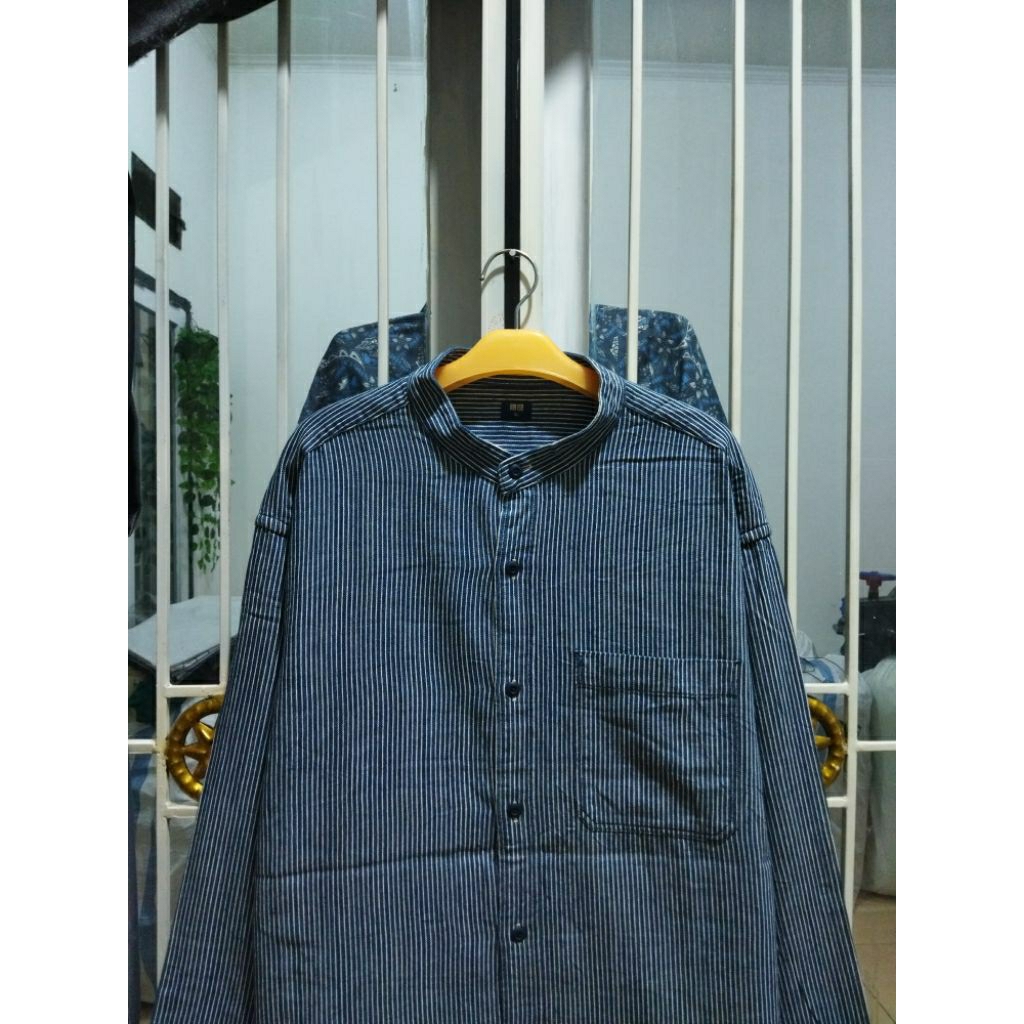 kemeja hickory Uniqlo stripe kerah koko pria jumbo 4XL