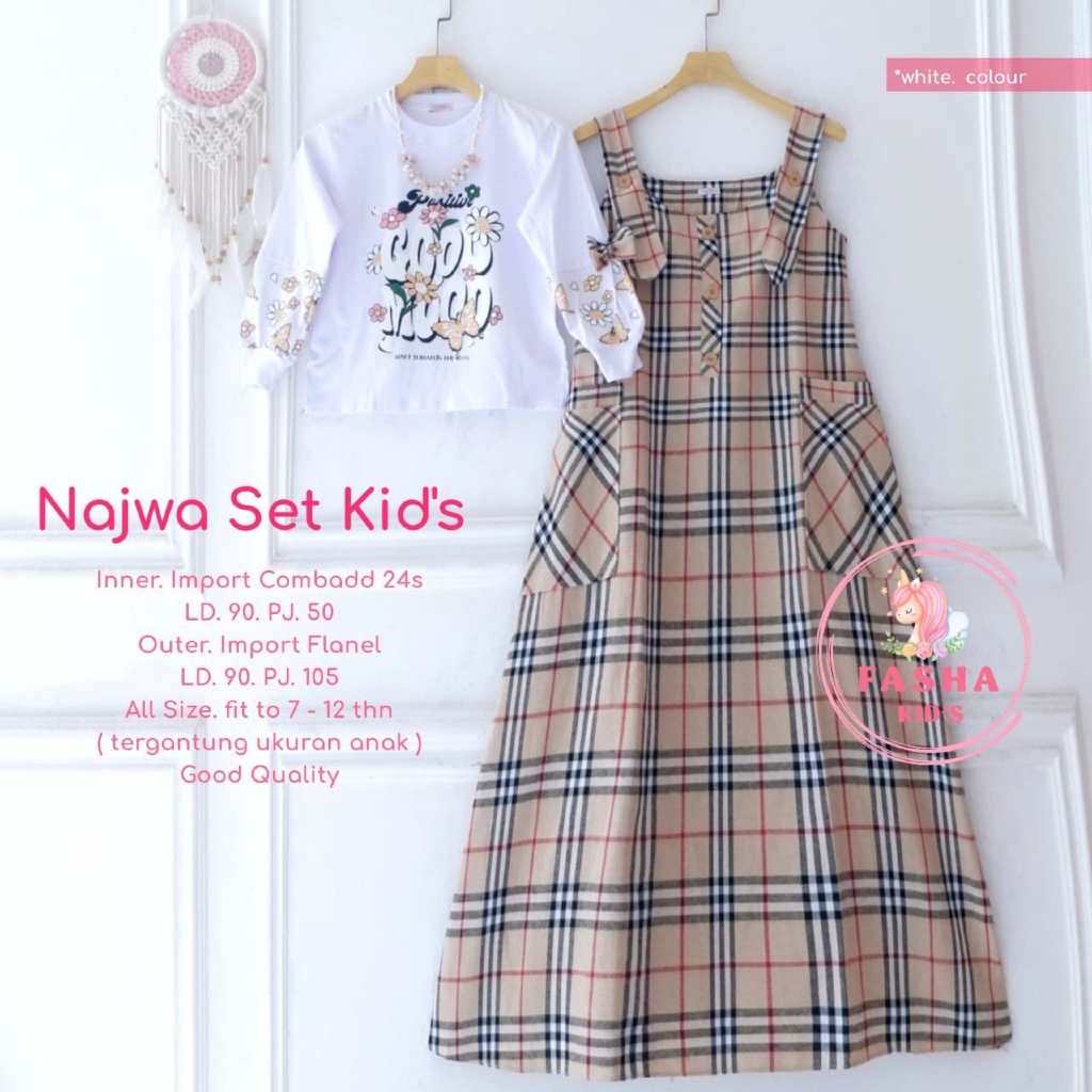 Najwa - Set Dress Gamis Overall dan Inner Kaos Anak Perempuan by Fasha Kids