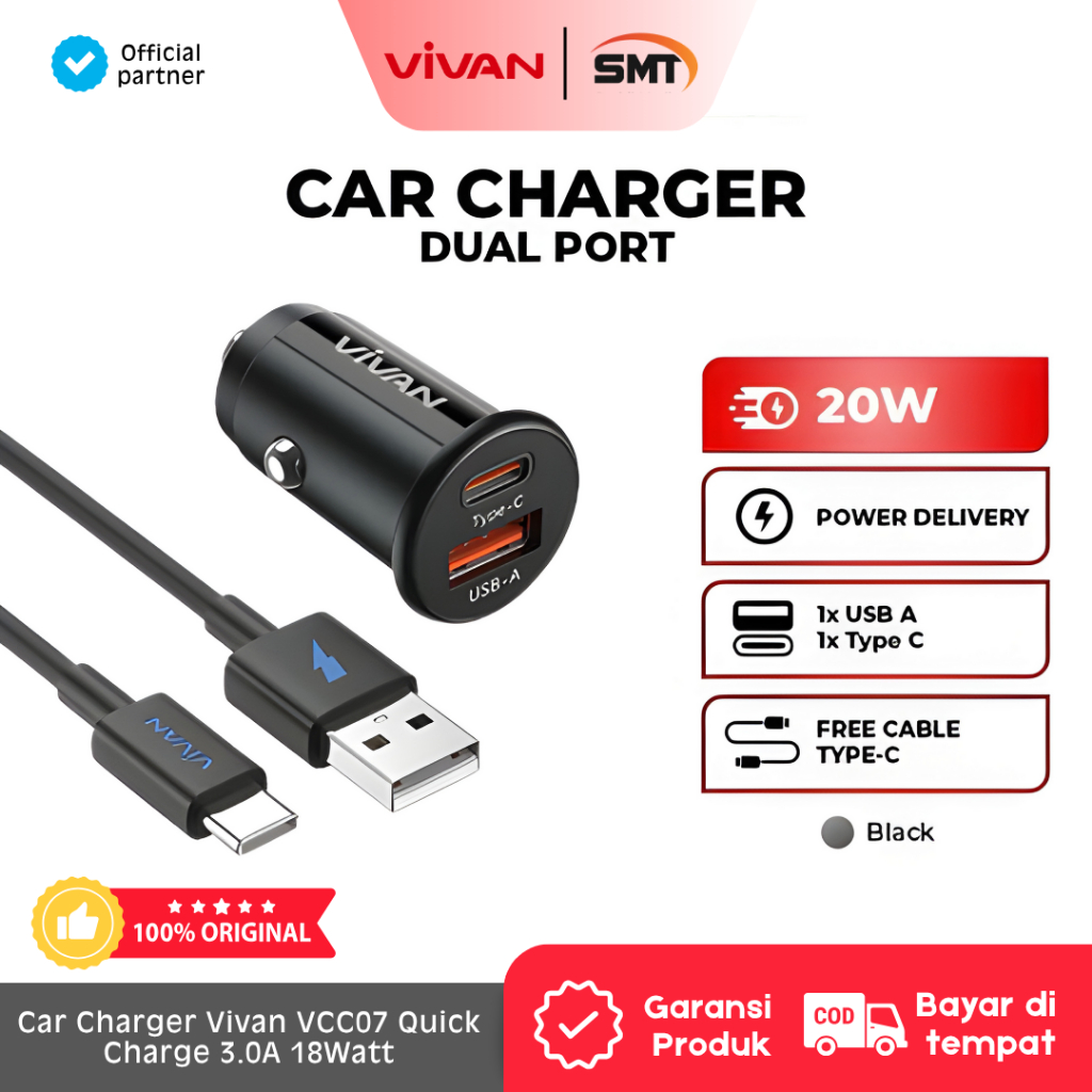 Car Charger Vivan VCC07 Quick Charge 3.0A 18Watt Power Delivery Original