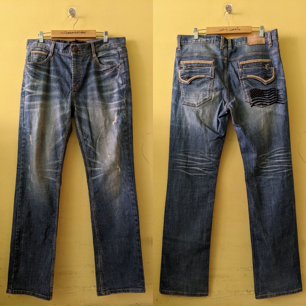 (Celana Branded) Pasta Denim Men's Washed Ripped Blue US Flag Jeans Pants Korea Made