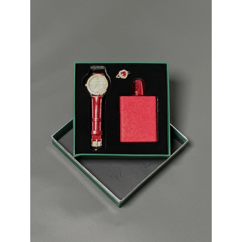 Kado Pacar/Istri Set Jam Tangan Wanita & Parfum EDP Cincin Merah Exclusive Gift Box Anniversary Ulan